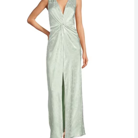 Kyra Satin Jacquard Floral Print Sleeveless V-Neck Twist Front Slit Sheath Maxi - Picture 1 of 3